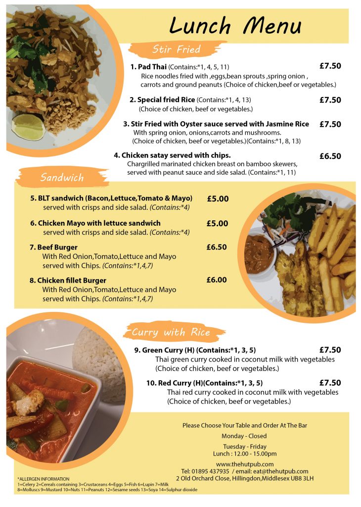 Lunchtime Menu – The Hut Pub